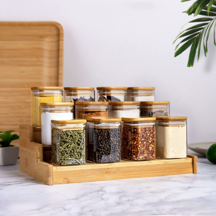 Square Bamboo Lid Glass Spice Jar Set