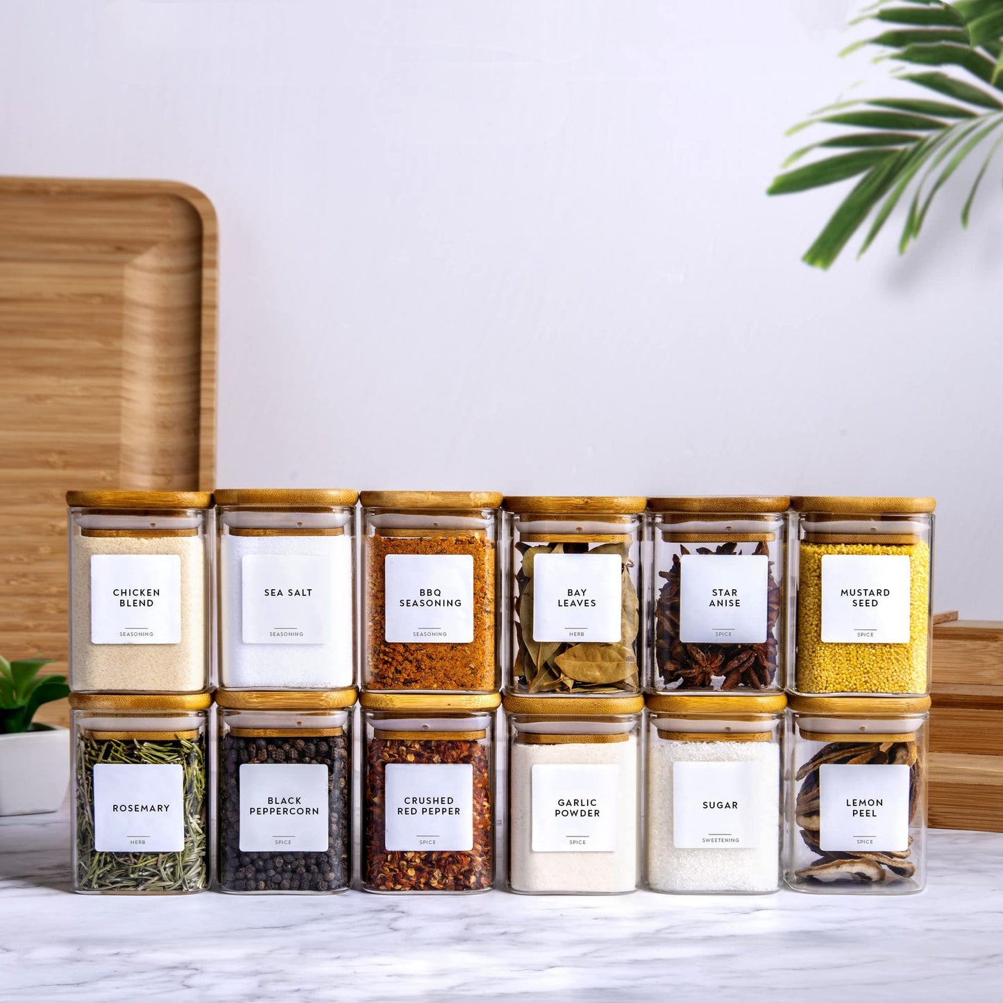 Square Bamboo Lid Glass Spice Jar Set